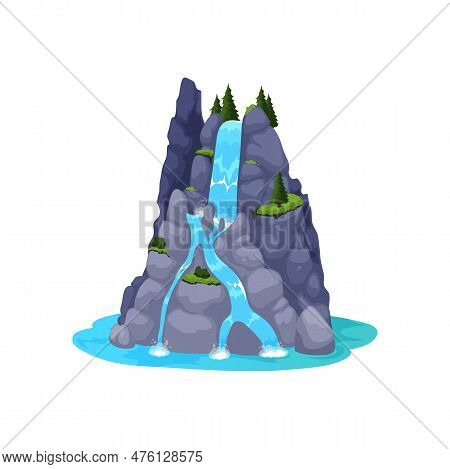 Cartoon Waterfall Or Water Cascade Of Mountain River, Vector Forest Nature Landscape. Blue Water Str