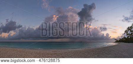 Panoramic Picture Of Maldivian Beach At Sunset. Crossroads Maldives, Saii Lagoon And Hard Rock Hotel