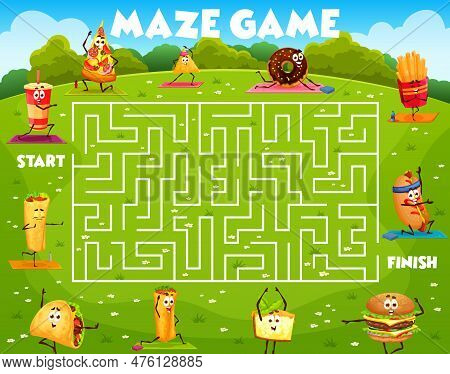 Labyrinth Maze Game, Cartoon Fast Food Yoga Characters, Vector Worksheet Puzzle. Funny Fast Food Piz