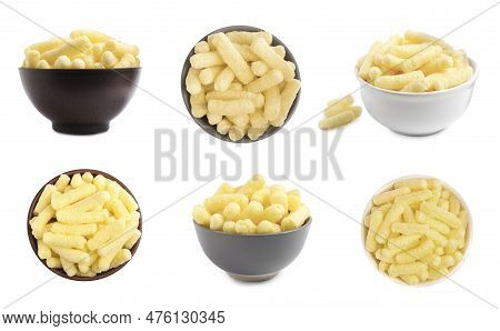 Bowls With Tasty Corn Sticks On White Background, Top And Side Views. Collage Design