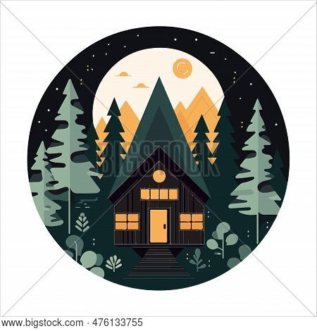 Wood Cabin Logo Template. Cabin In The Woods Vector Illustration. Cabin Rentals Logo. Chalet In The