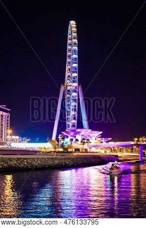 Dubai, United Arab Emirates, March 16, 2023 : Night View Of The Decoratively Illuminated Ferris Whee