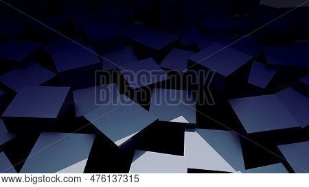 Dark Blue Abstract Square Elements Stacked With Shadows. Reflective Voluminous Texture. 3d Illustrat