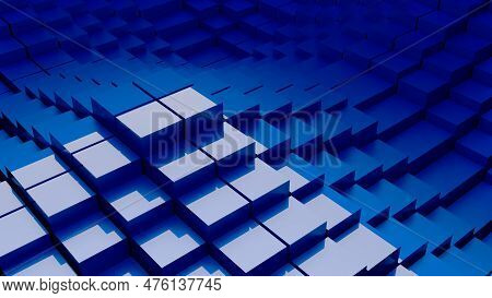 Blue Abstract Moving Square Elements And Shadows. Reflective Voluminous Texture. 3d Illustration For