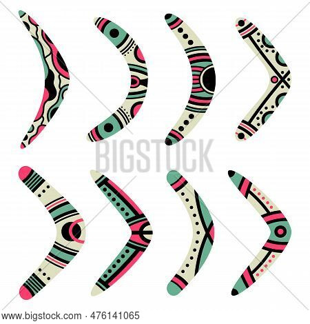Cartoon Australian Boomerangs. Aboriginal Curved Wooden Traditional Boomerang Souvenir, Australian N