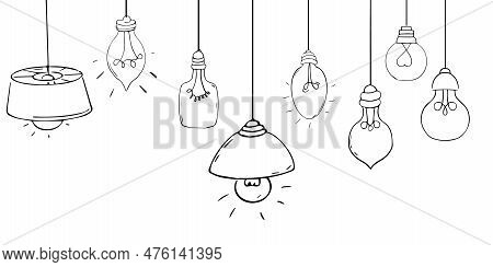 Set Bulb Lamp Doodle Cartoon Comic Electricity Seamless Pattern With White Background. Sketch, Freeh