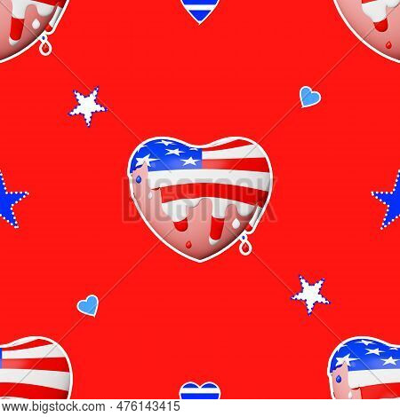 United States Independence Day Heart Paint Splash Melting Glaze Seamless Pattern. 4Th Of July I Love