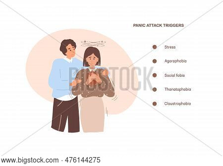 Panic Attack Triggers, Panic Disorder Concept. Woman Got Panic Attack, Mental Support. Cartoon Flat 