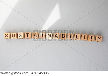 Eco-friendly Cubes. The Word Sustainbility Is Made Up Of Wooden Cubes On A Gray Concrete Background.