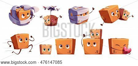 Cute And Happy Parcel Box Mascot Cartoon Illustration. Vector Delivery Character Face Expression. Wr