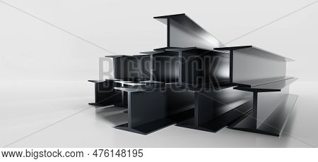 Black Steel Beams Stack Isolated On White Background. Metal Industrial Girder Pieces, Stainless Cons