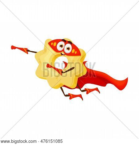 Cartoon Italian Stelle Pasta Superhero Character. Italian Pasta Flying In Red Cape And Mask Hero Che