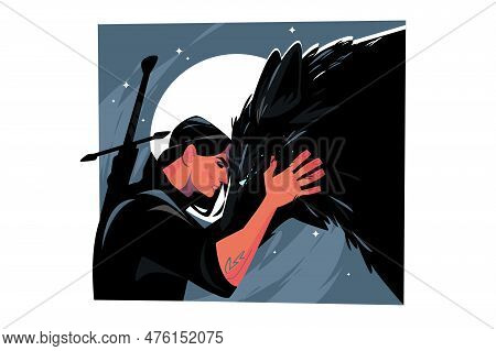 Warrior With Sword Bowed Before Wolf, Vector Illustration. Brave Man Character Communicate With Myth