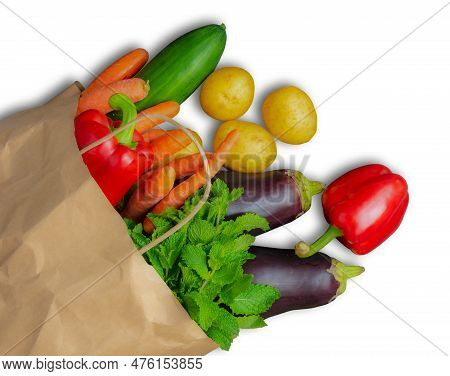 Brown Paper Shopping Bag With Fresh Vegetablesisolated On White Background