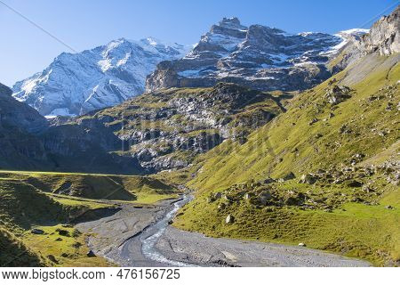 Switzerland Mountain Valley Kiental, Berner Oberland Alps. Snow Mountains, Sunny Weather, Travel To 