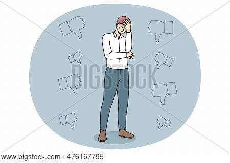 Unhappy Businessman Stressed With Negative Feedback Or Bad Career News. Upset Male Employee Distress