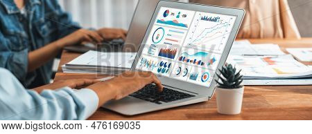Panorama Shot Analyst Team Utilizing Bi Fintech To Analyze Financial Report With Laptop. Businesspeo
