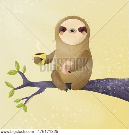 Cute Cartoon Sloth Sitting On The Tree. Funny Mascot. Animal Character. Kids Comic Print.  Illustrat