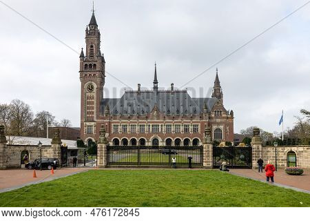 The Hague, Netherlands - April 17, 2023: Peace Palace In The Hague, Netherlands.the International La