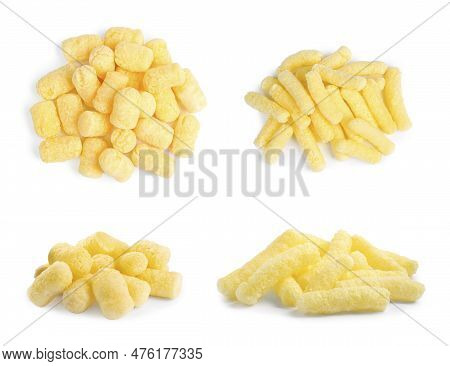 Piles With Tasty Corn Sticks On White Background, Collage Design