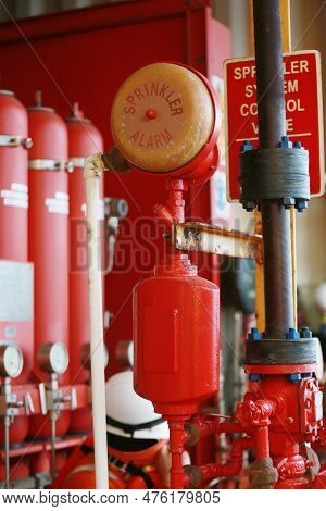 Fire Alarm Bell Station On The Building And Fire Water Station. Signal Alarm To Every Body When Foun