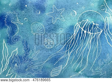 Linart In The Form Of Marine Life On A Watercolor Blue Background. Hand-drawn, Watercolor, Liner, In