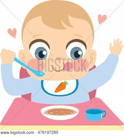 Cute Little Happy Baby Boy Eating Food Alone Independently Holding Spoon