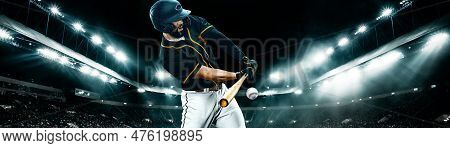 Wide Photo. Porfessional Baseball Player With Ball On Grand Arena. Ballplayer On Stadium In Action.