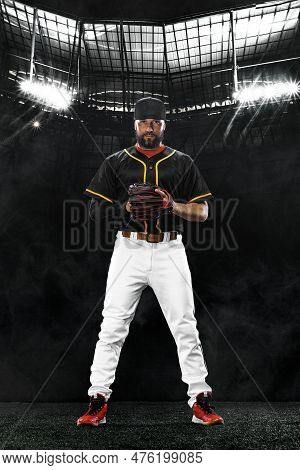 Porfessional Baseball Player On Grand Arena. Ballplayer On Stadium In Action.