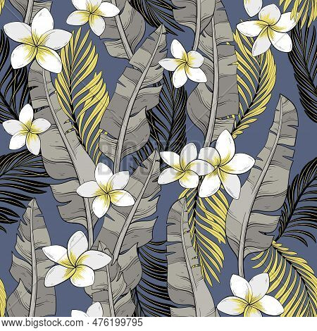 Seamless Pattern Wallpaper Of Tropical Gray Leaves Of Palm And Banana Leaves And Flowers Plumeria On