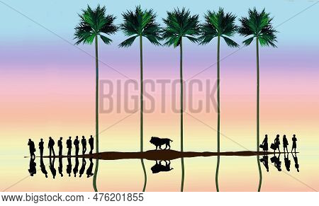 Shipwrecked People Nerveously Share A Tropical Island With A Male African Lion In A 3-d Illustration