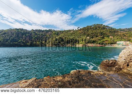 Bay And Beach Of Paraggi Near The Portofino Village. Tourist Resort In Genoa Province (genova), Ligu