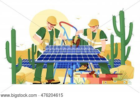 Workers Install Solar Panel In Desert, Vector Illustration. Solar Energy Generation Concept.