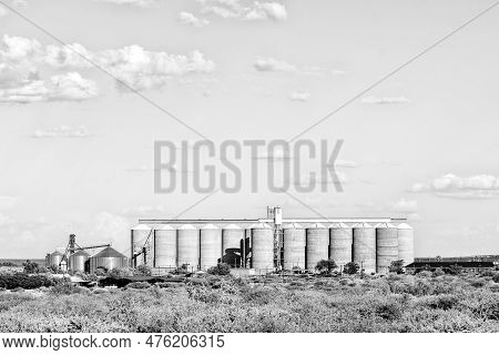 Prieska, South Africa - Feb 28 2023: Grain Silos In Prieska In The Northern Cape Province. Monochrom