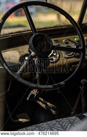 Cabin Of An Old Rusty Car. Old Abandoned Car.