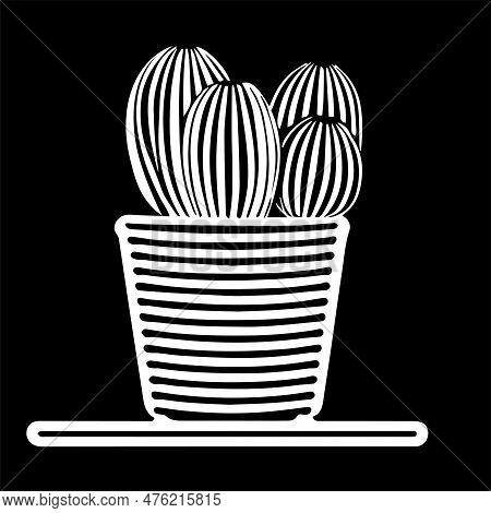 A White Outline Hand Drawing Vector Illustration Of A Decorative Cactus Hedgehog Plant In A Pot Isol