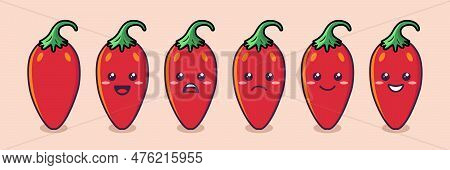 Vector Cartoon Cute And Funny Red Hot Chili Pepper Icon Set. Kawaii Style. Fresh Chili Hot Pepper Wi
