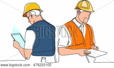 Construction Manager And Engineer Working On Building Site. Vector Illustration