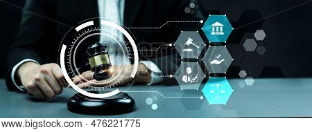 Smart Law, Legal Advice Icons And Lawyer Working Tools In The Lawyers Office Showing Concept Of Digi