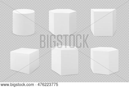 White Podium, 3d Geometric Shapes, Pedestal Or Stand Collection. Cube Product Platform Or Column, Sq