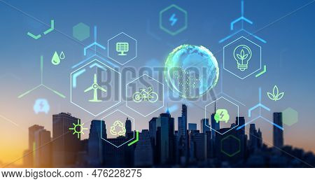 New York Skyline At Night, Earth Sphere Hologram And Green Eco Hud Icons. Ecosystem And Futuristic T