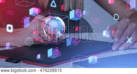 Woman Drawing On A Graphic Tablet, Creating Nft Art. Glowing Metaverse Icons, Technology And Virtual