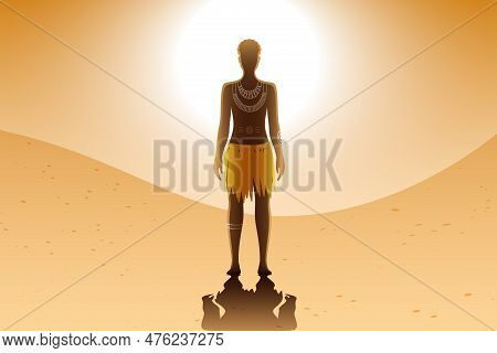 Aborigine Woman With Body Art And Ethnic Dress, Standing In Desert On A Sunny Background.