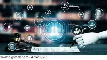 Ai Related Law Concept Shown By Robot Hand Using Lawyer Working Tools In Lawyers Office With Legal A