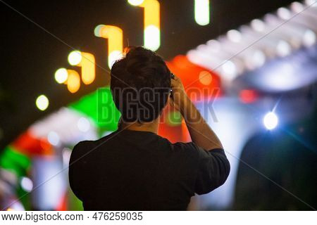 Traffic Crossing Bridge Decorated With Tri Color Lights Of Indian Flag On Republic Independence Day 