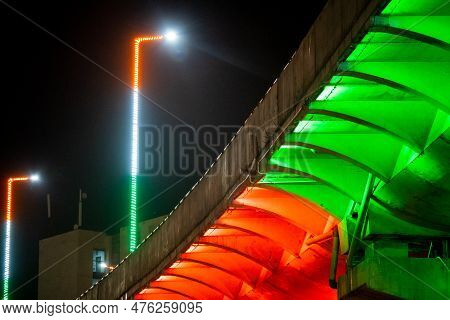 Traffic Crossing Bridge Decorated With Tri Color Lights Of Indian Flag On Republic Independence Day 