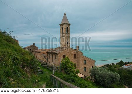 View Of Old Roman Church Of Santa Maria Del Suffragio In The Medieval Center Of Cupra Marittima Over