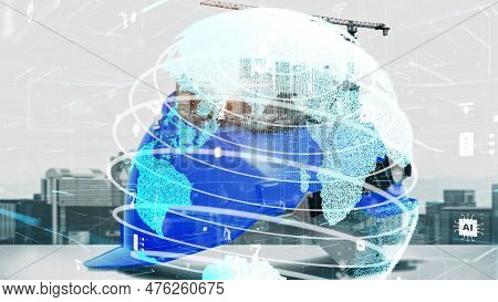 Future Building Construction And Inventive Engineering Project Concept With Hud Hologram Graphic Des