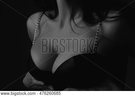 Women Body. Bra Model. Female Breast In Black Bra, Sexy Tits In Lingerie. Women Body Shape. Breast B