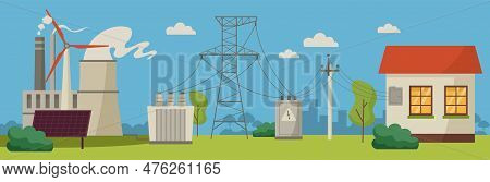Electric Power Distribution Chart. Electricity Supply Scheme From Power Plant To House, Power Supply